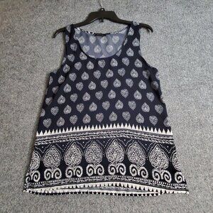 West Kei Women's SZ Small Blouse Tank Top mosaic floral Pattern Blue and White